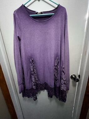 Waffle-Knit Purple Lace-Trim Tunic Top